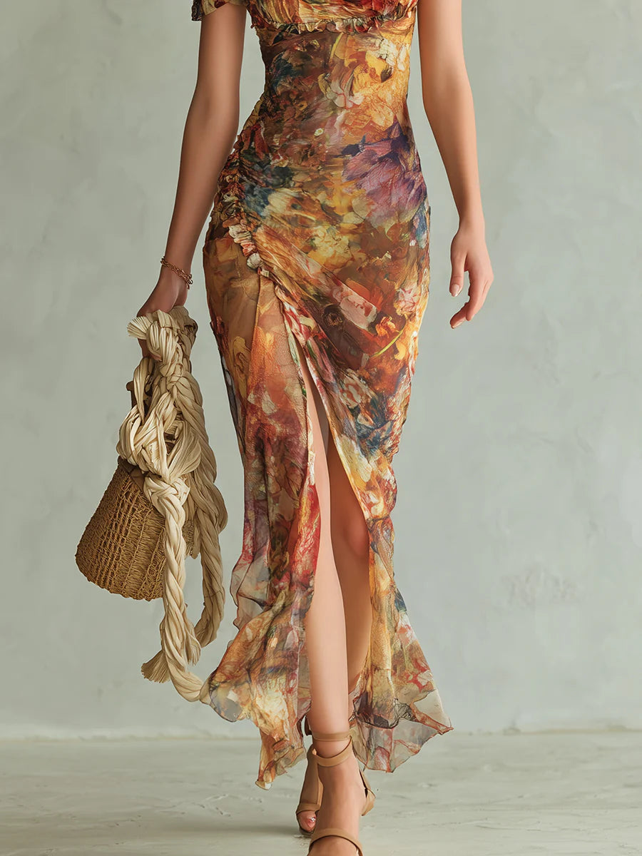 Vestido Largo Naranja Estampado Artístico