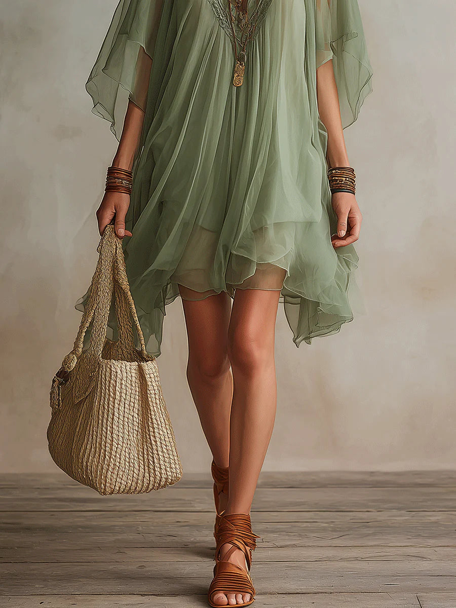 Vestido Corto Verde de Chiffon Fluido