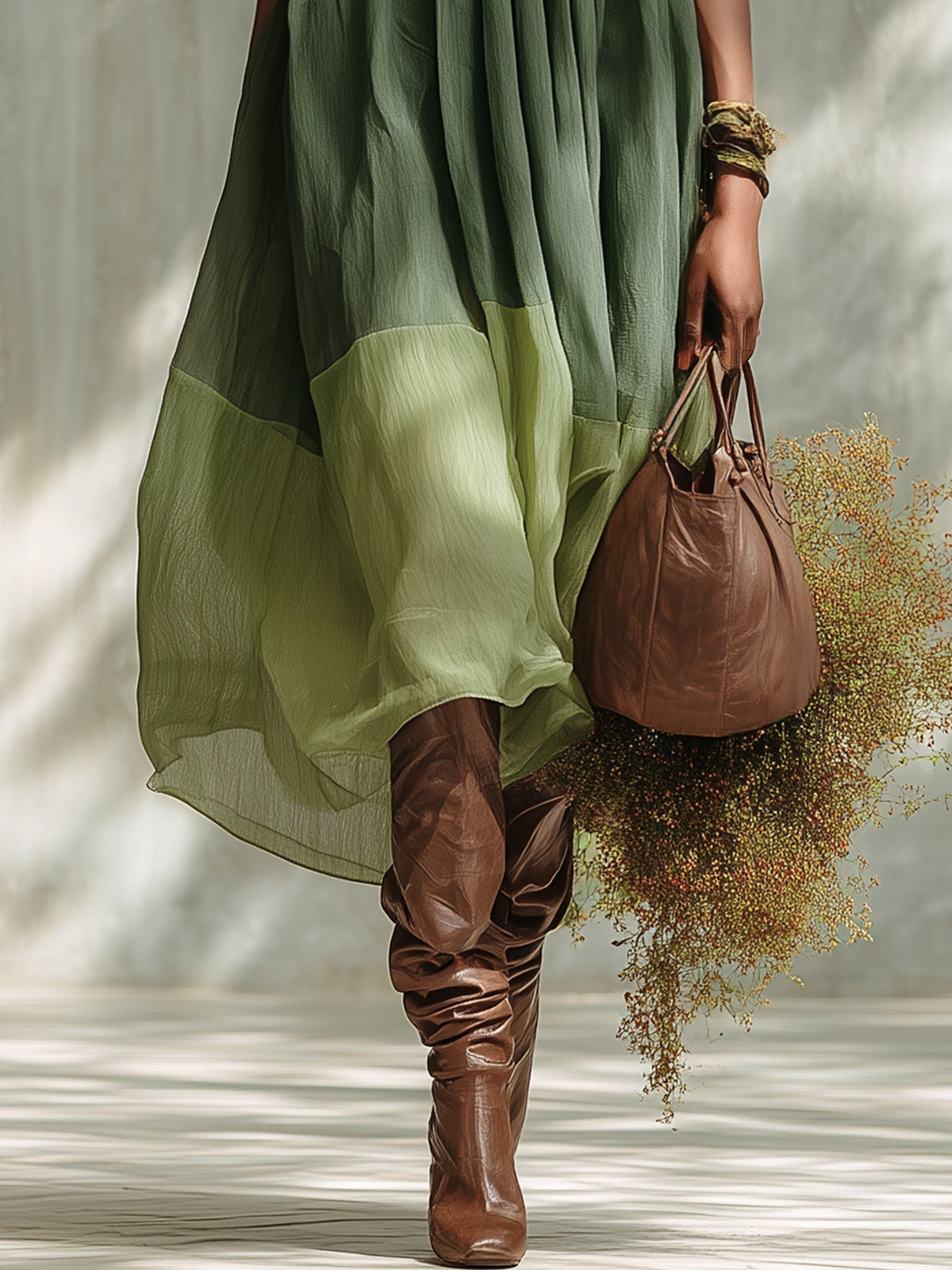 Vestido Midi Verde Hombros Descubiertos