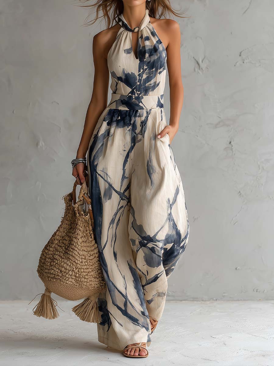 Enterizo Beige Escote Halter con Bolsillos