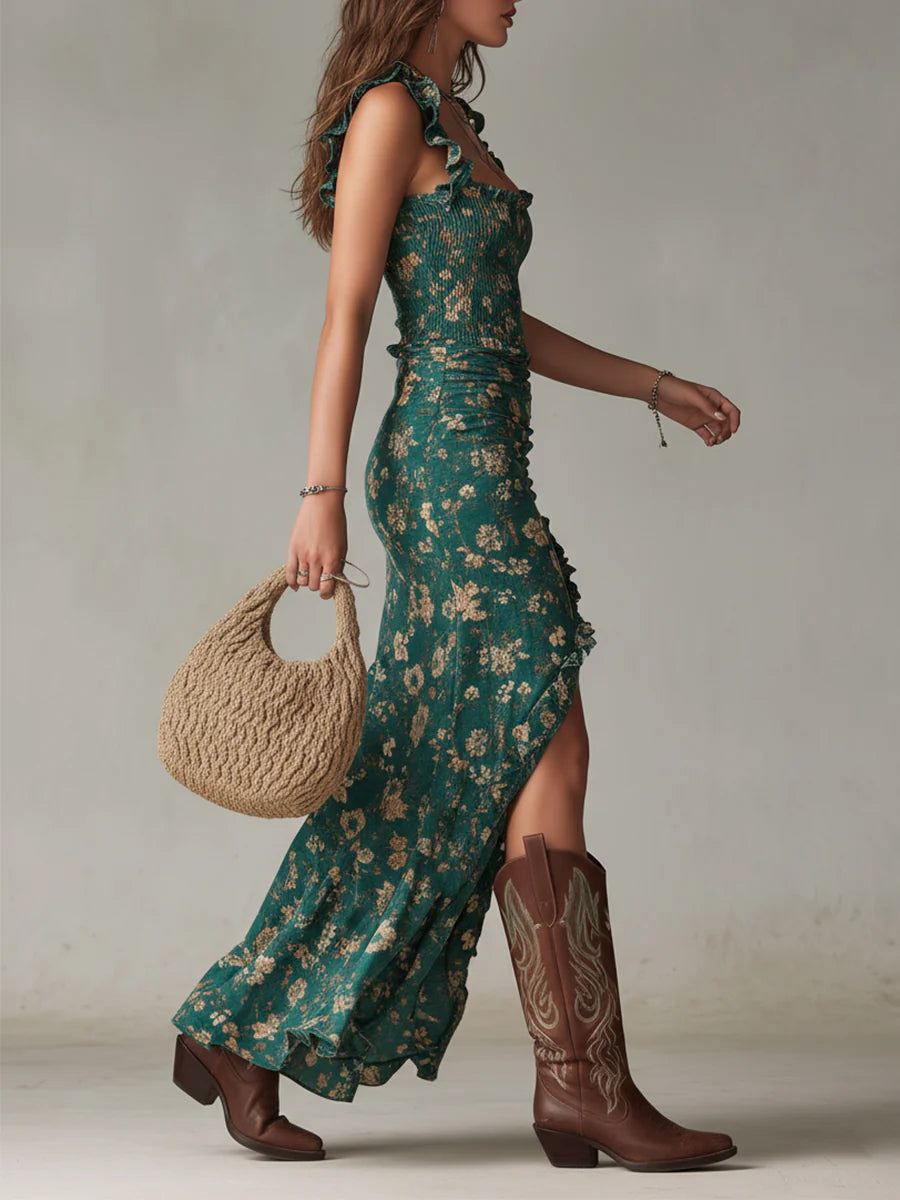 Vestido Largo Verde Boho con Holanes