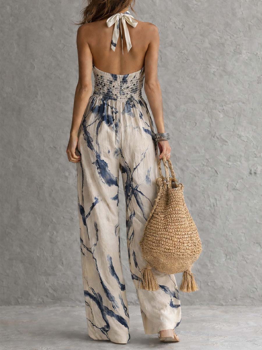 Enterizo Beige Escote Halter con Bolsillos