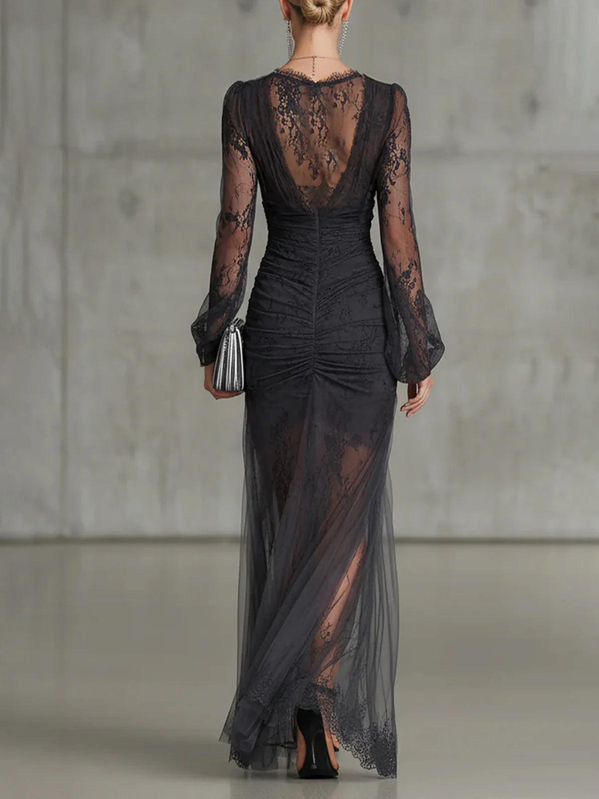 Vestido Largo Gris de Encaje Manga Larga