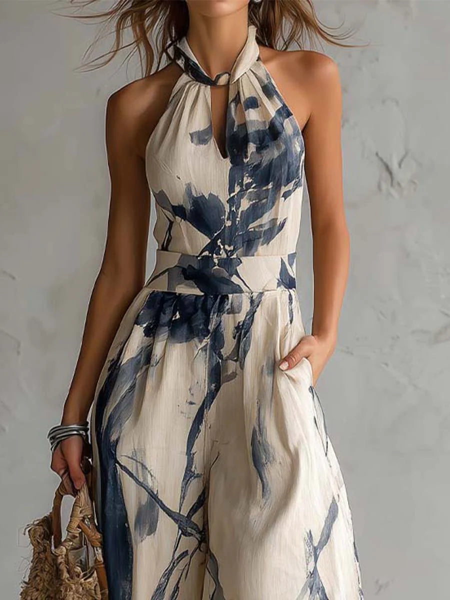 Enterizo Beige Escote Halter con Bolsillos