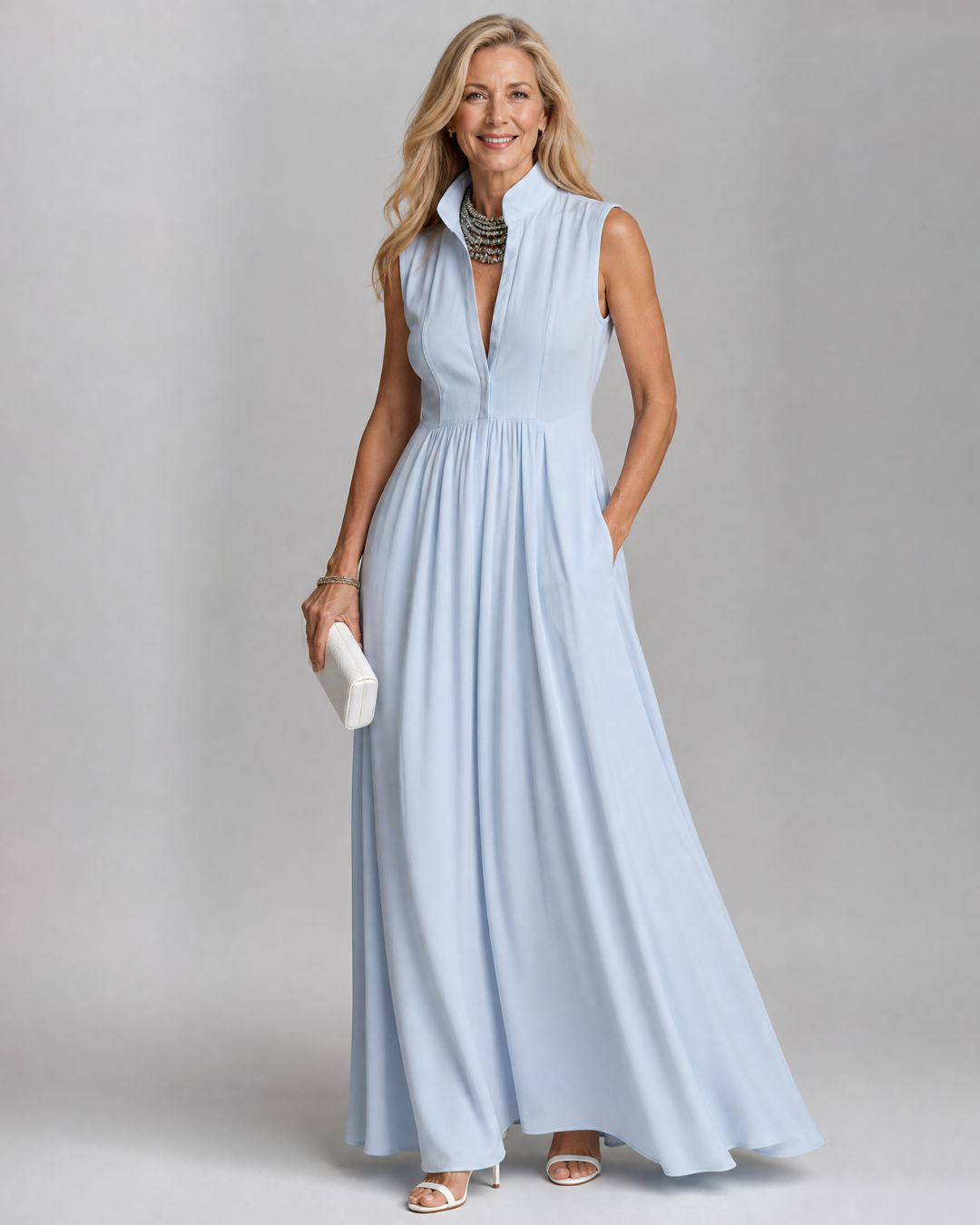 Virelia | Vestido Maxi Fluido sin Mangas con Cuello
