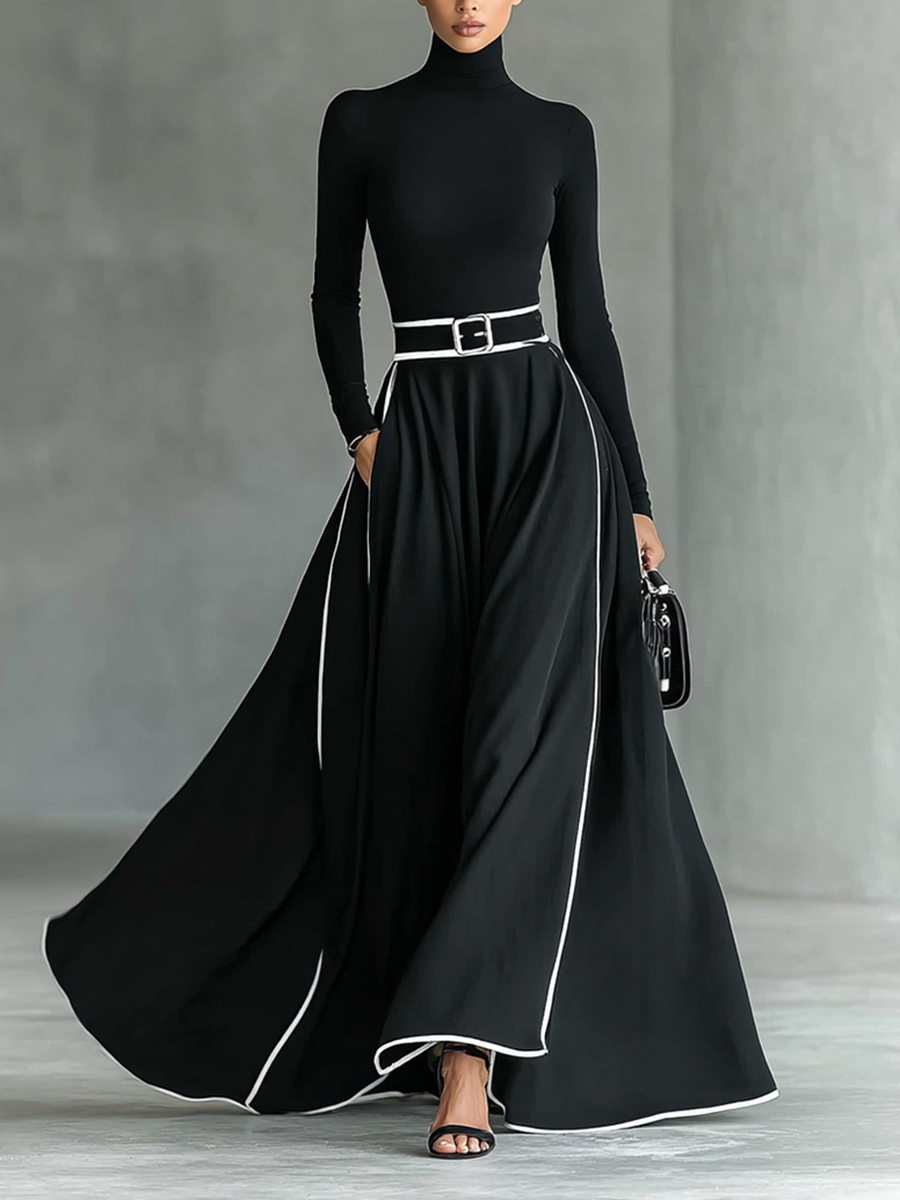 Gina – Vestido Maxi Negro con Costuras Blancas y Cuello Alto