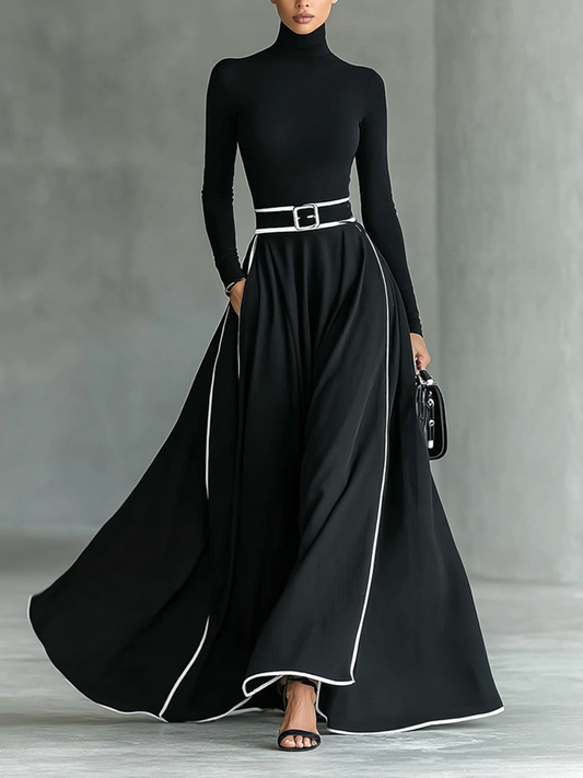 Gina – Vestido Maxi Negro con Costuras Blancas y Cuello Alto