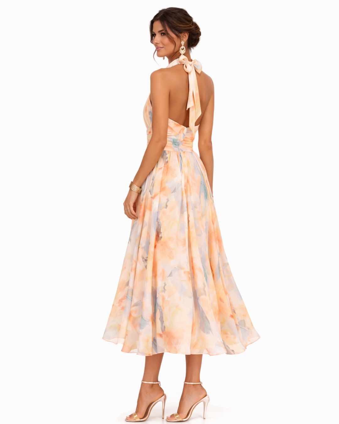 Aurora | Vestido con Cuello Halter y Estampado Acuarela