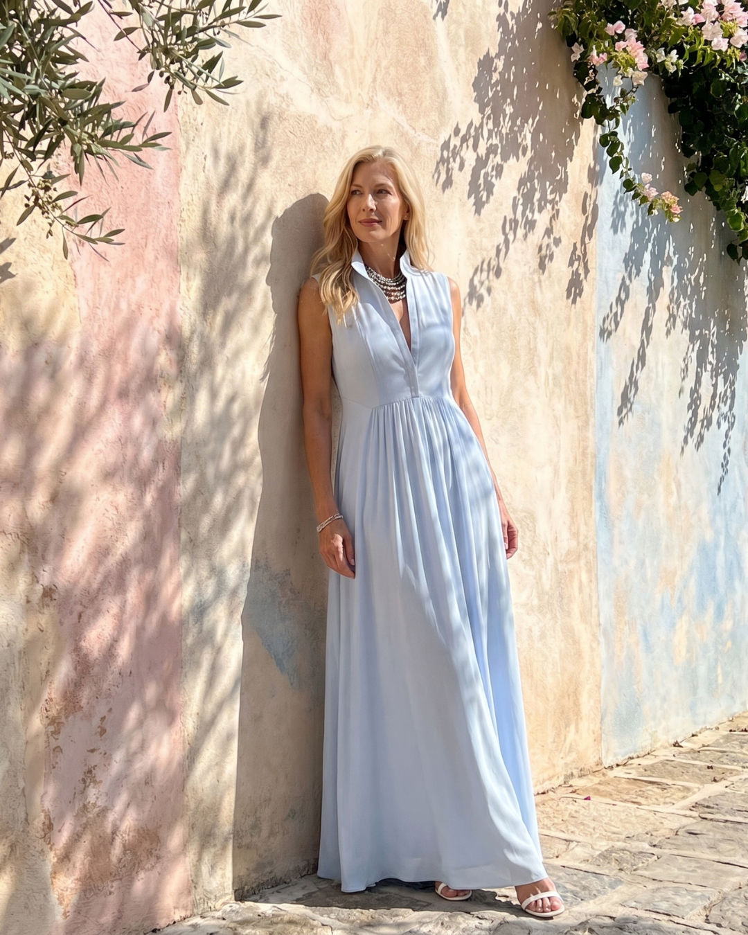 Virelia | Vestido Maxi Fluido sin Mangas con Cuello