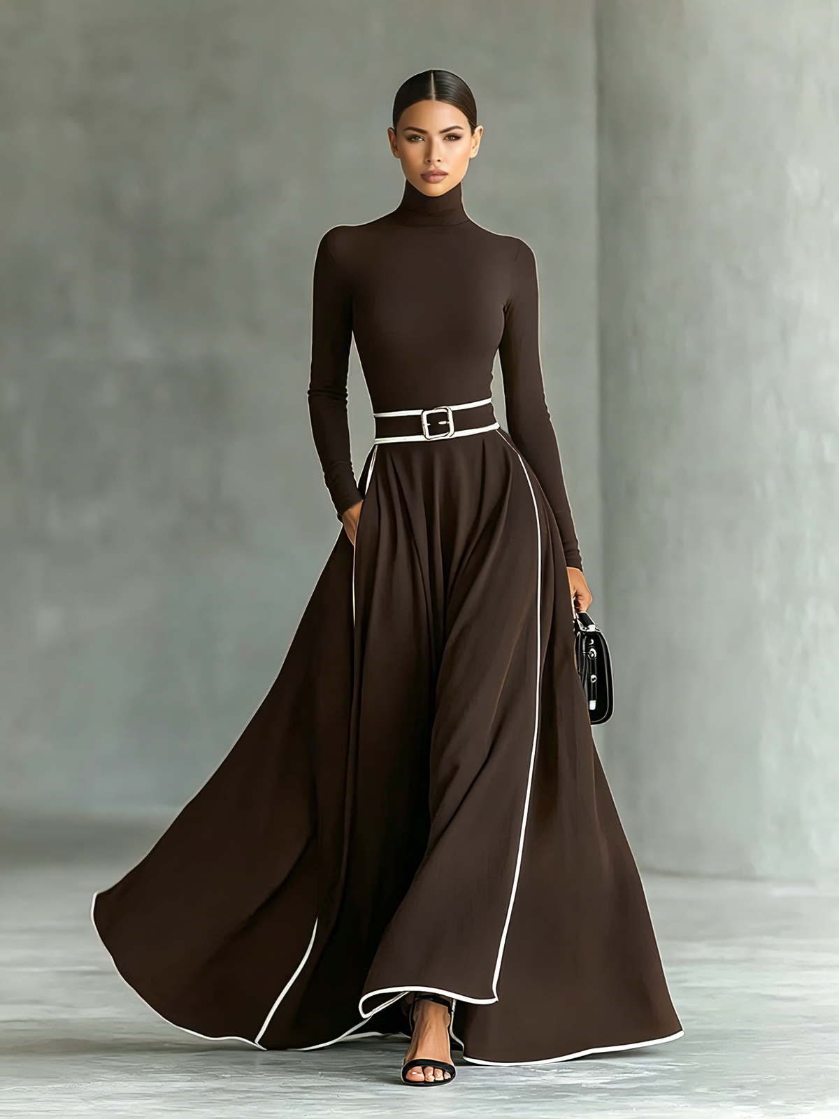 Gina – Vestido Maxi Negro con Costuras Blancas y Cuello Alto