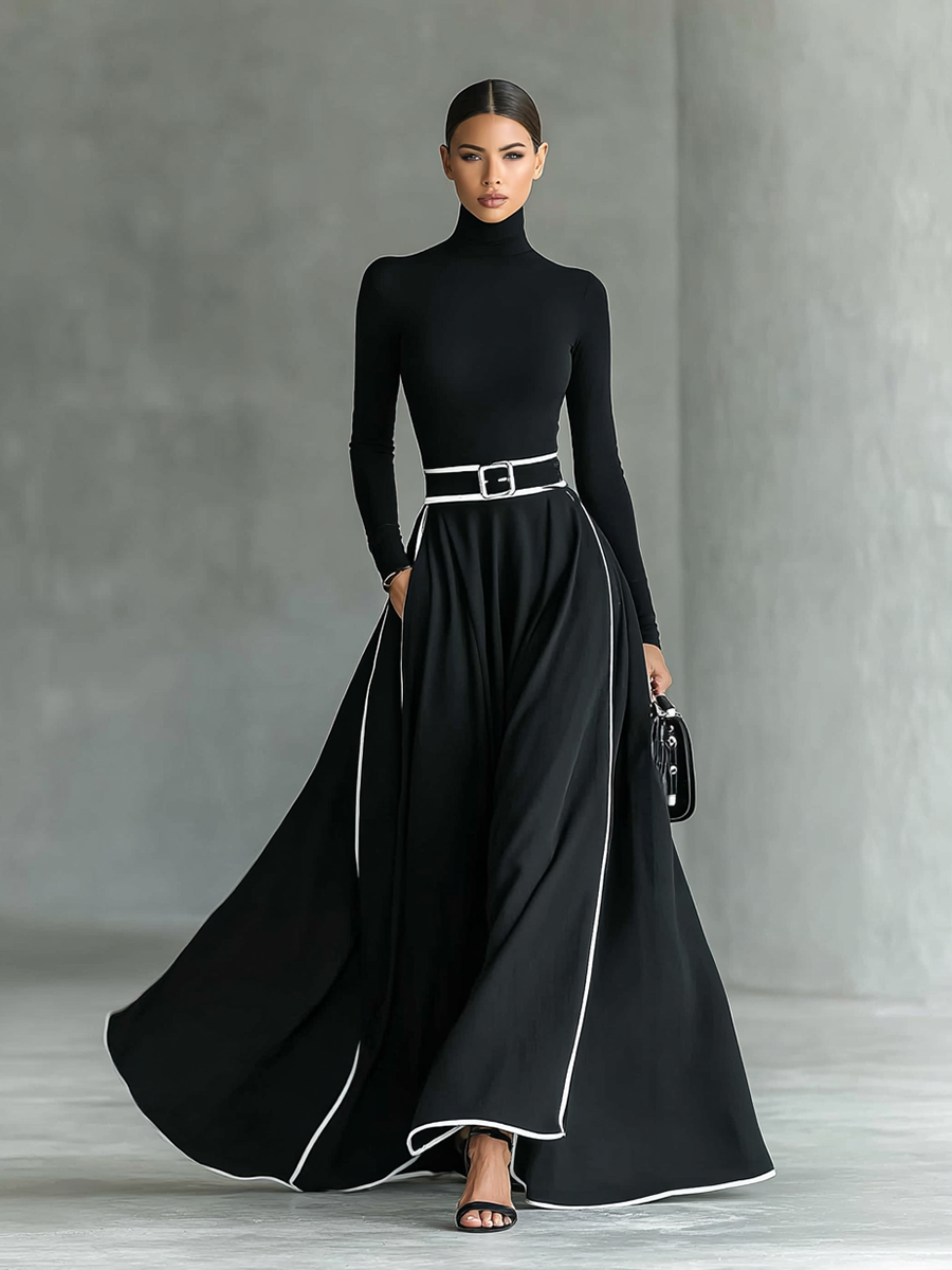 Gina – Vestido Maxi Negro con Costuras Blancas y Cuello Alto