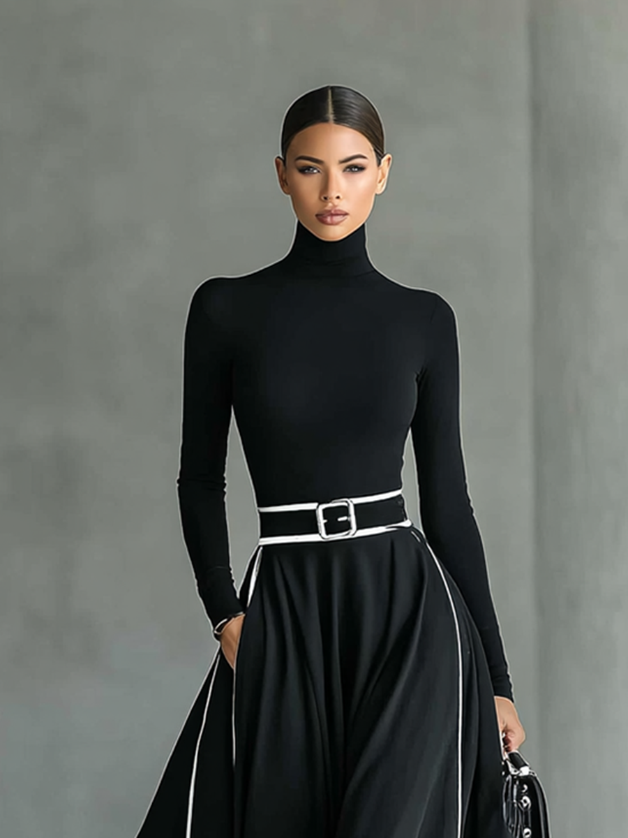 Gina – Vestido Maxi Negro con Costuras Blancas y Cuello Alto