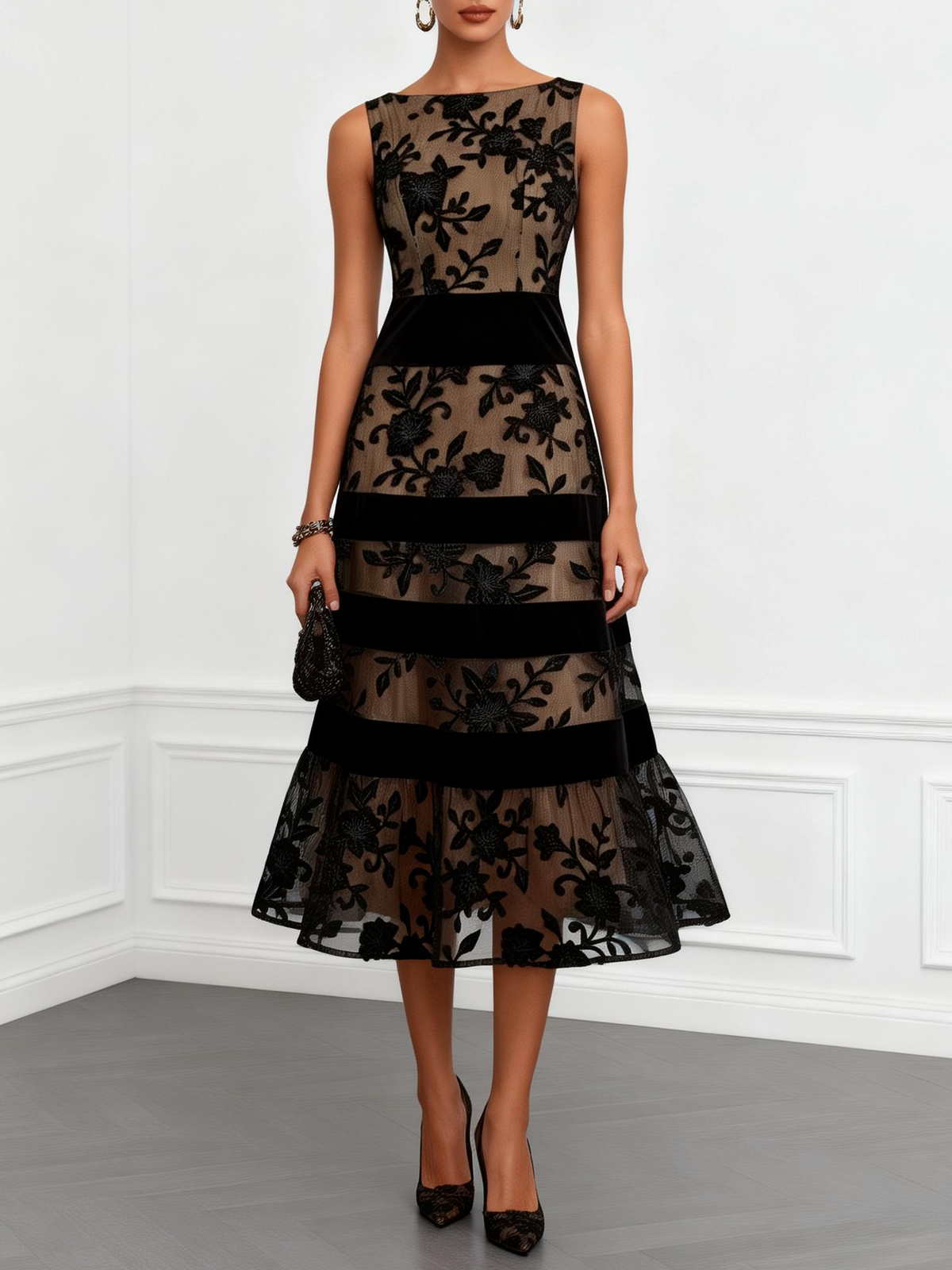 Vestido Midi Negro con Flores 3D