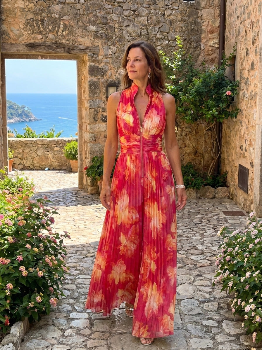 Zakira | Enterizo Floral con Escote Halter y Pierna Ancha