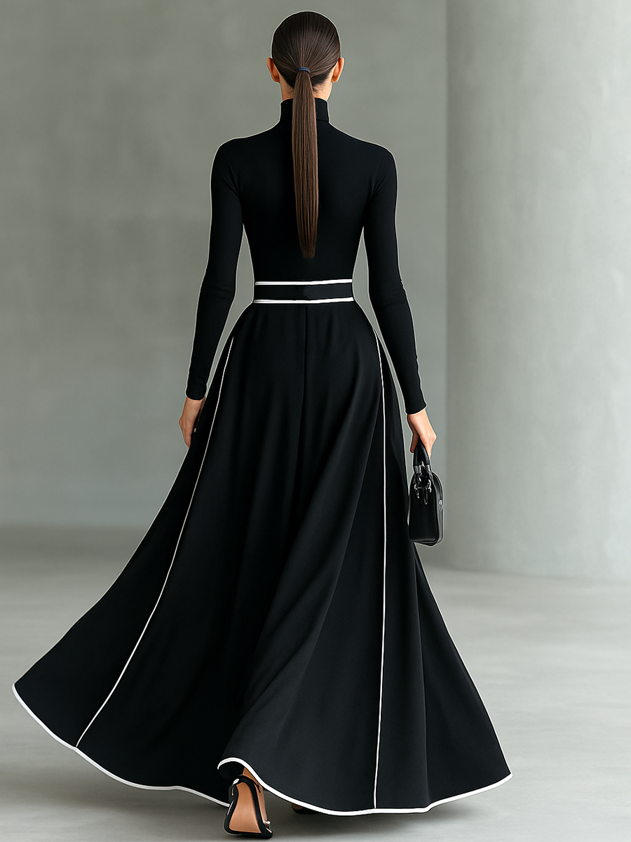 Gina – Vestido Maxi Negro con Costuras Blancas y Cuello Alto