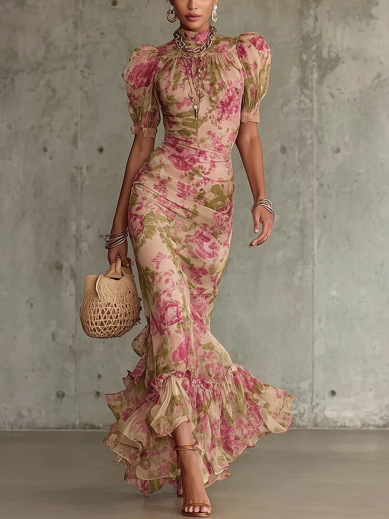 Vestido Largo Rosa Vintage Mangas Abullonadas