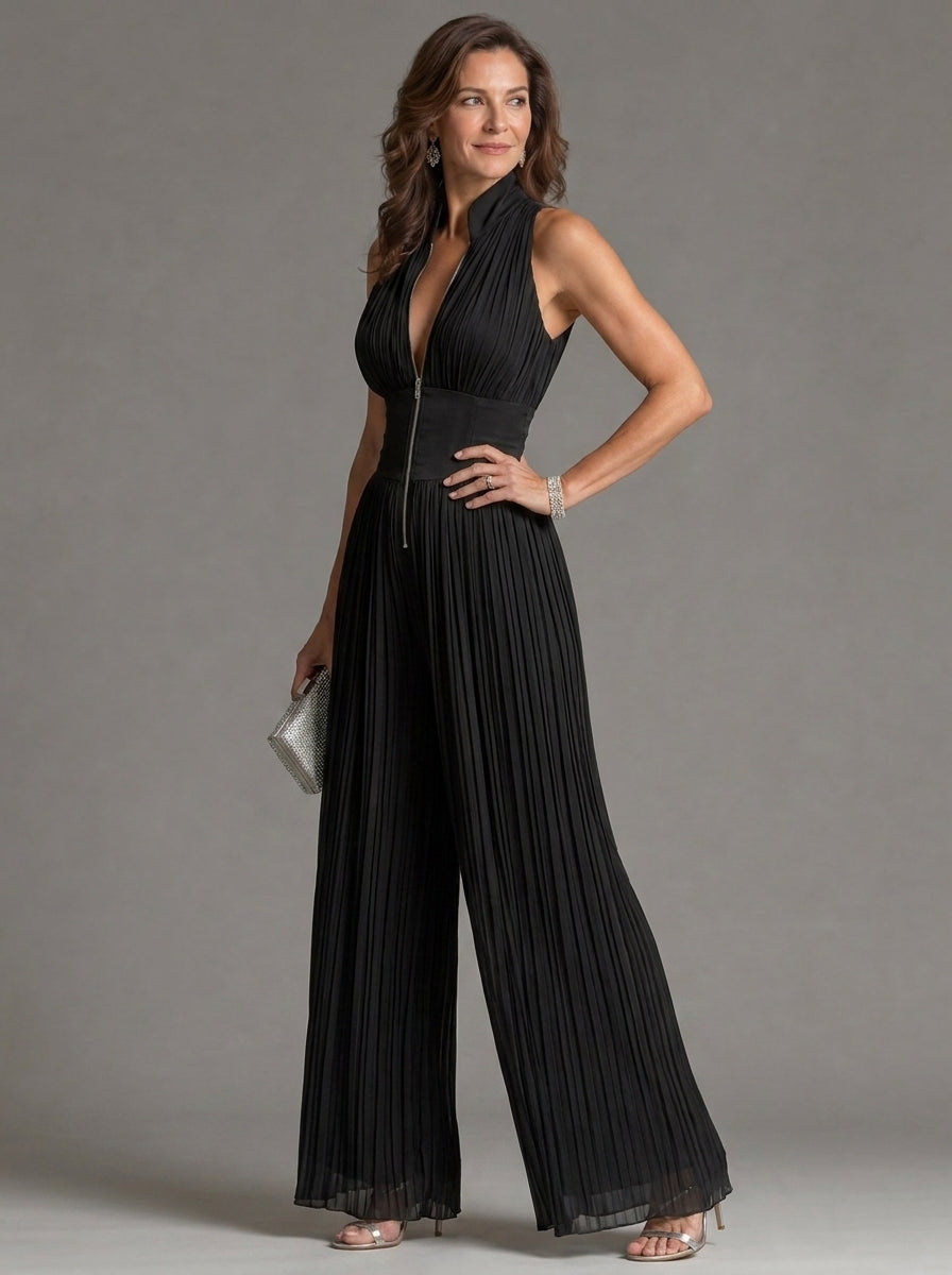 Zakira | Jumpsuit Negro con Escote Halter y Pierna Ancha
