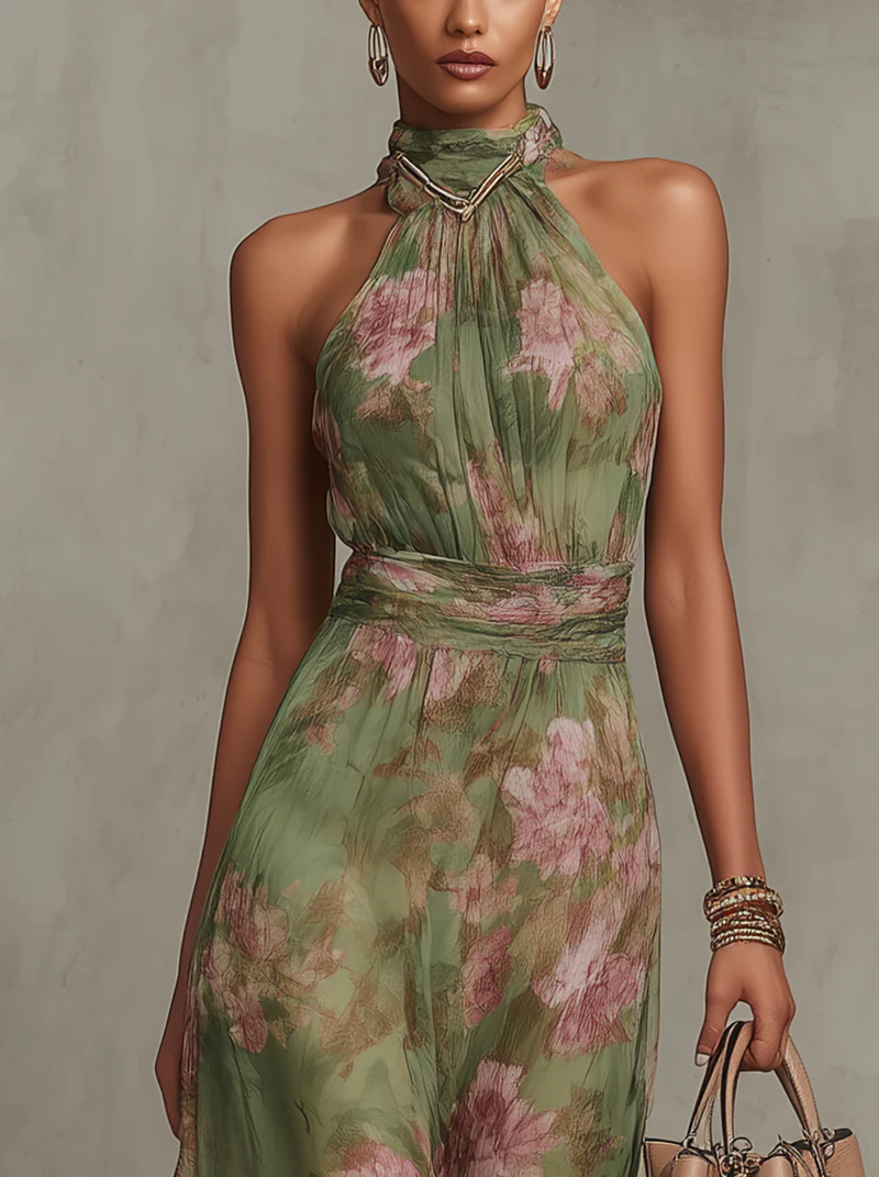 Livia | Vestido Maxi Halter Floral Elegante