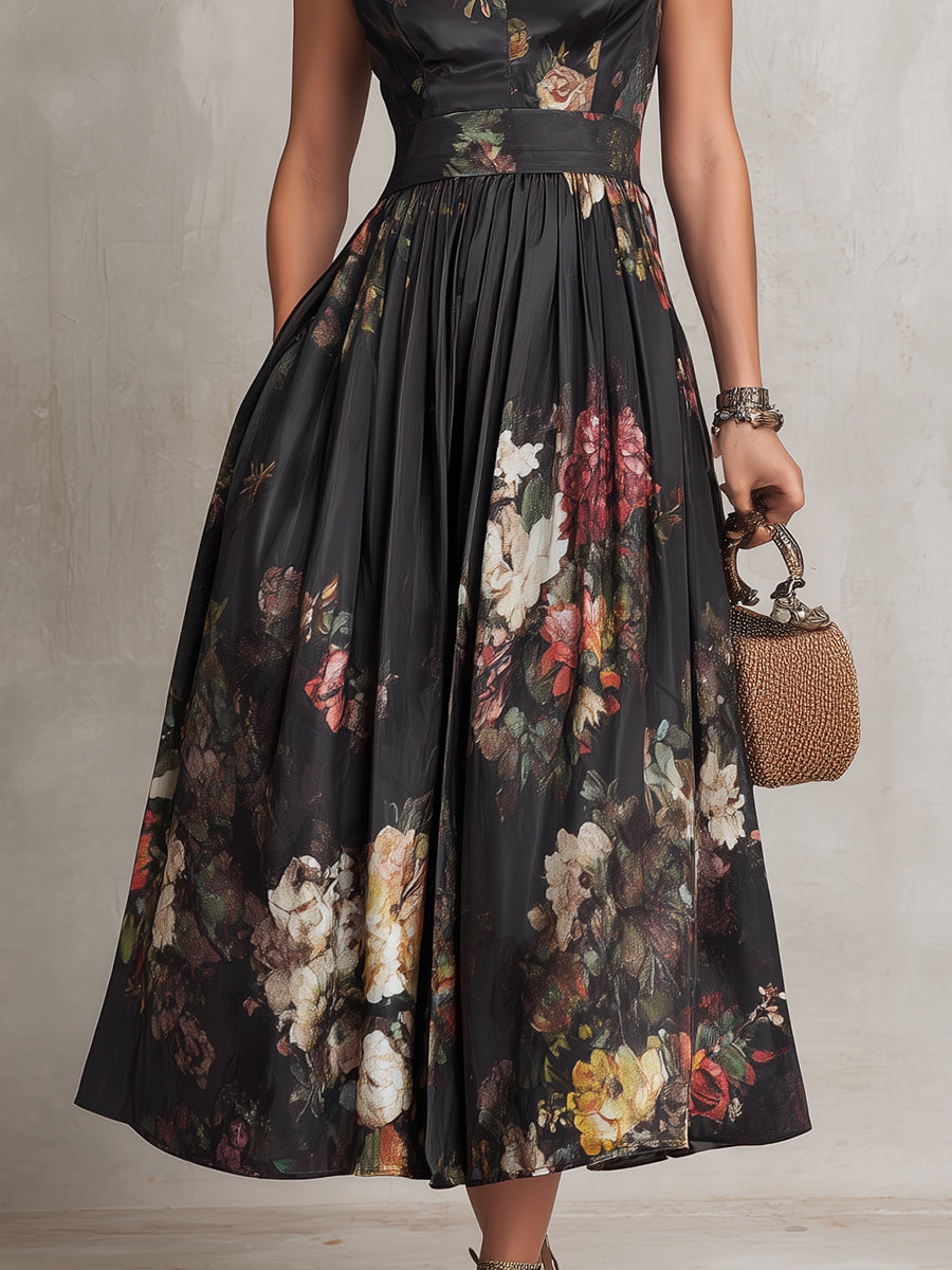Vestido Midi Negro de Satín Plisado