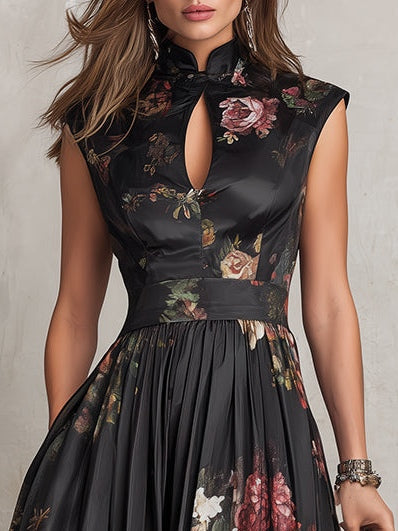 Vestido Midi Negro de Satín Plisado