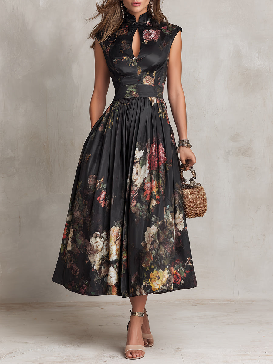 Vestido Midi Negro de Satín Plisado