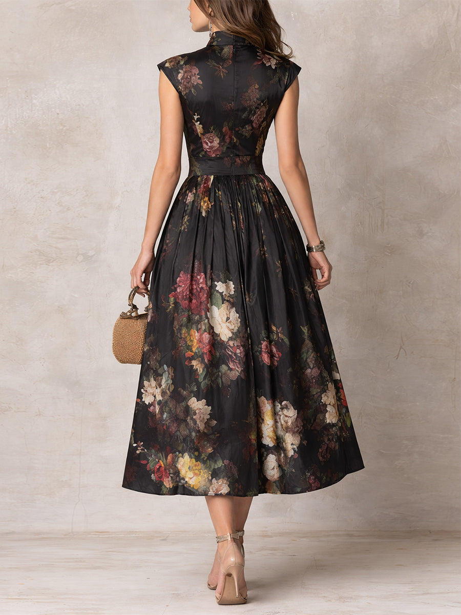 Vestido Midi Negro de Satín Plisado