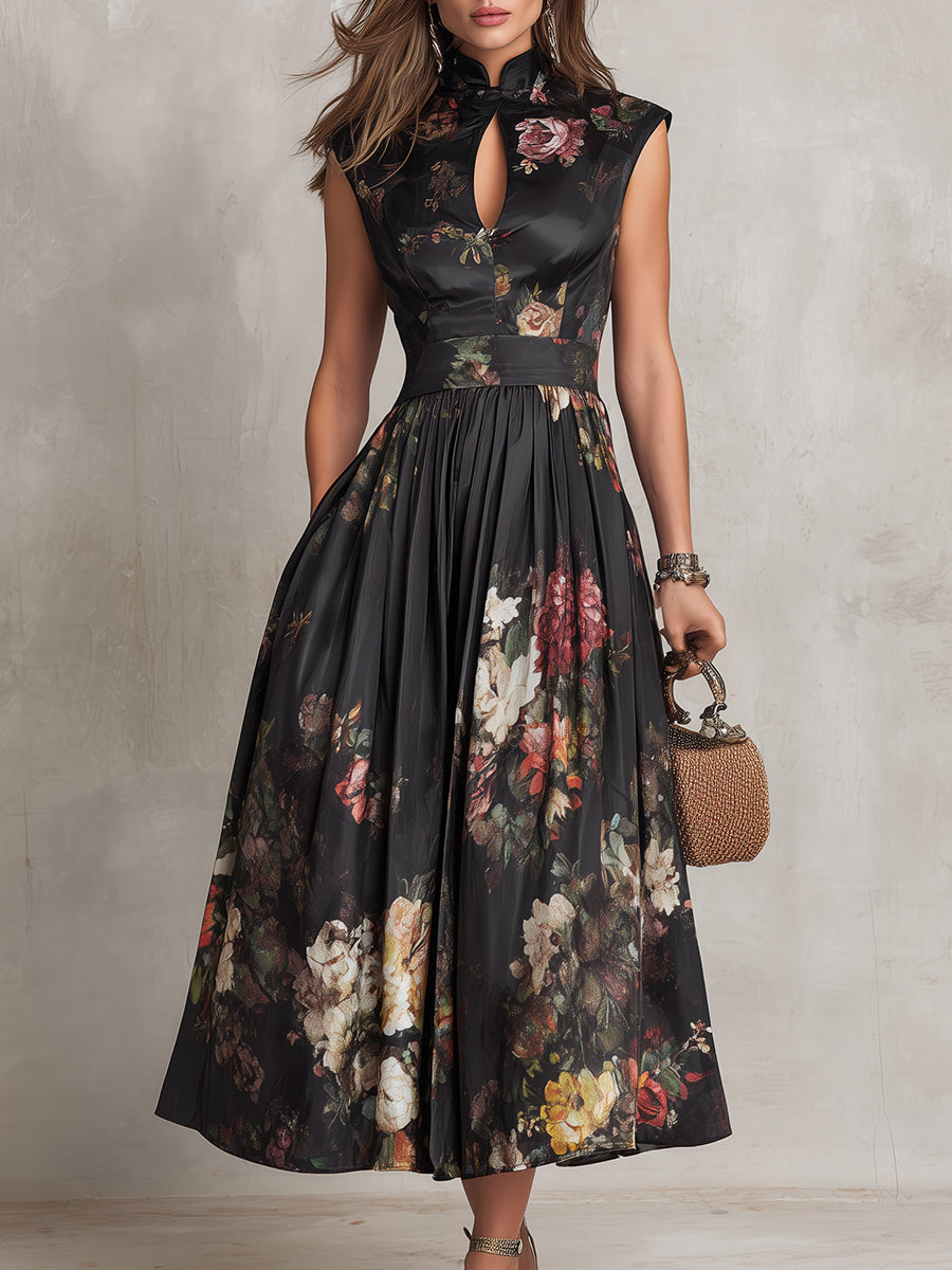 Vestido Midi Negro de Satín Plisado