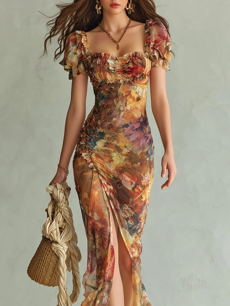Vestido Largo Naranja Estampado Artístico