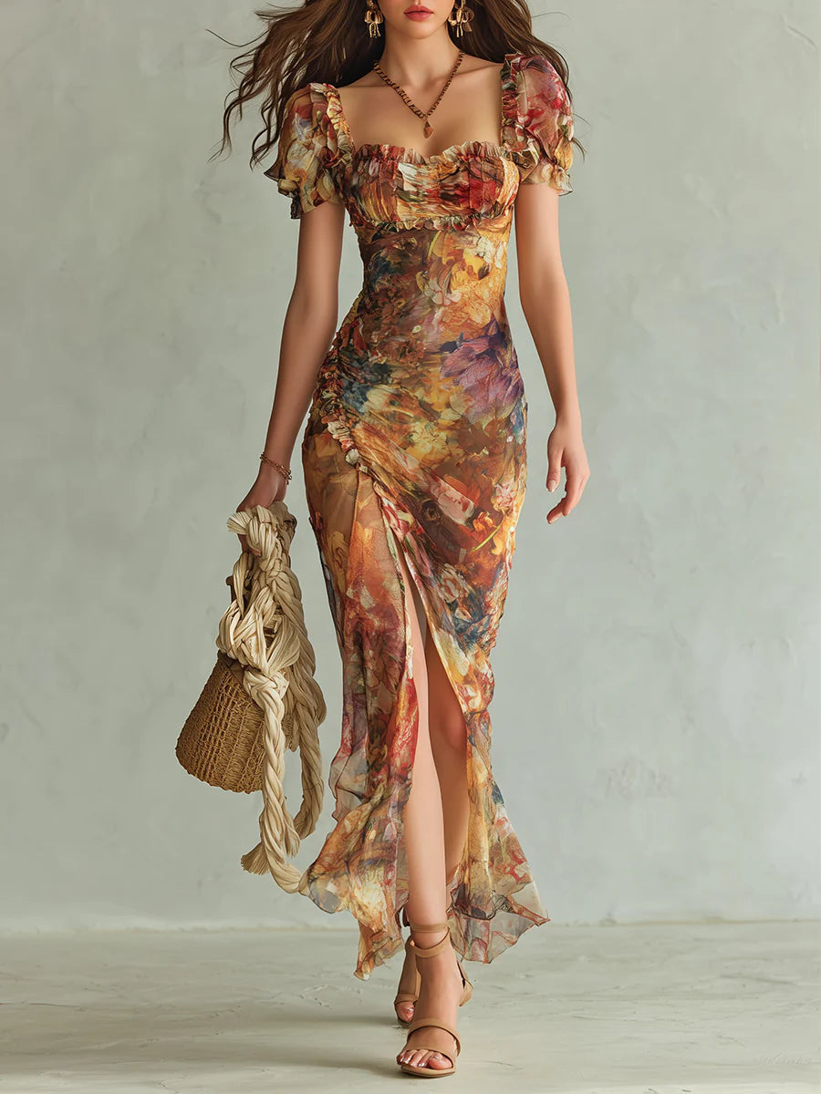 Vestido Largo Naranja Estampado Artístico