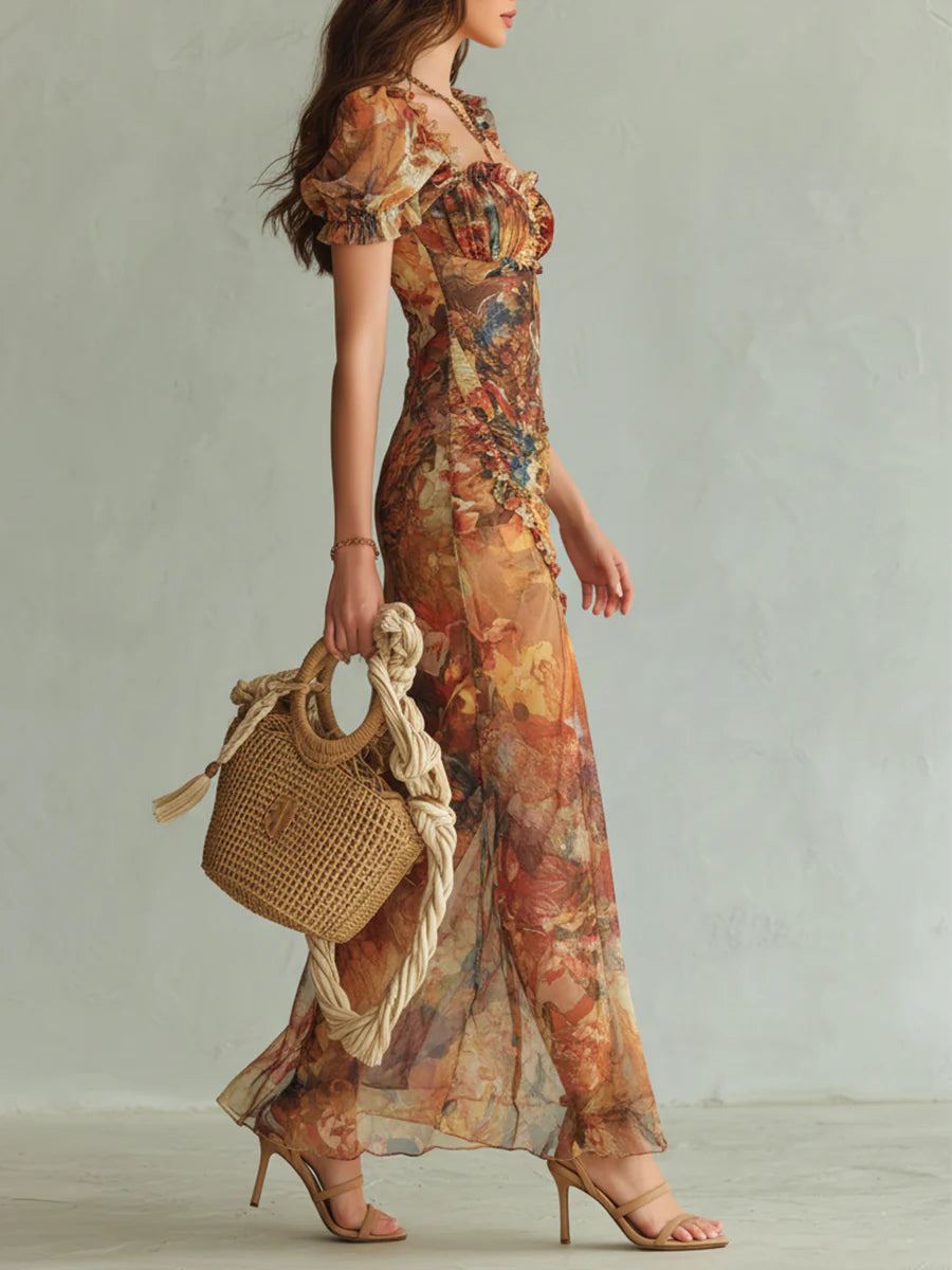 Vestido Largo Naranja Estampado Artístico