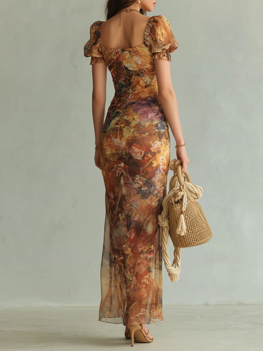 Vestido Largo Naranja Estampado Artístico