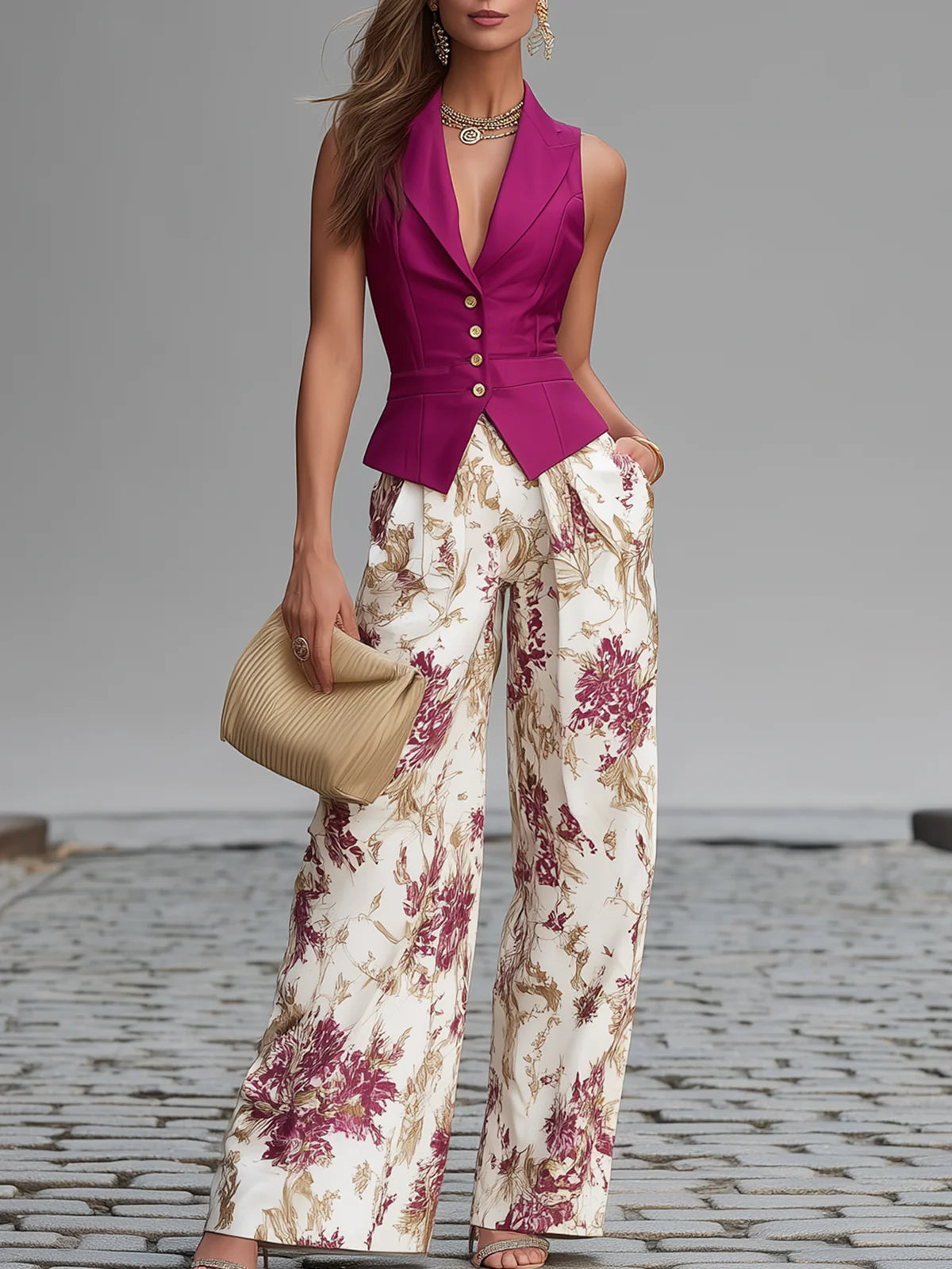 Conjunto Chaleco Rosa y Pantalón Floral