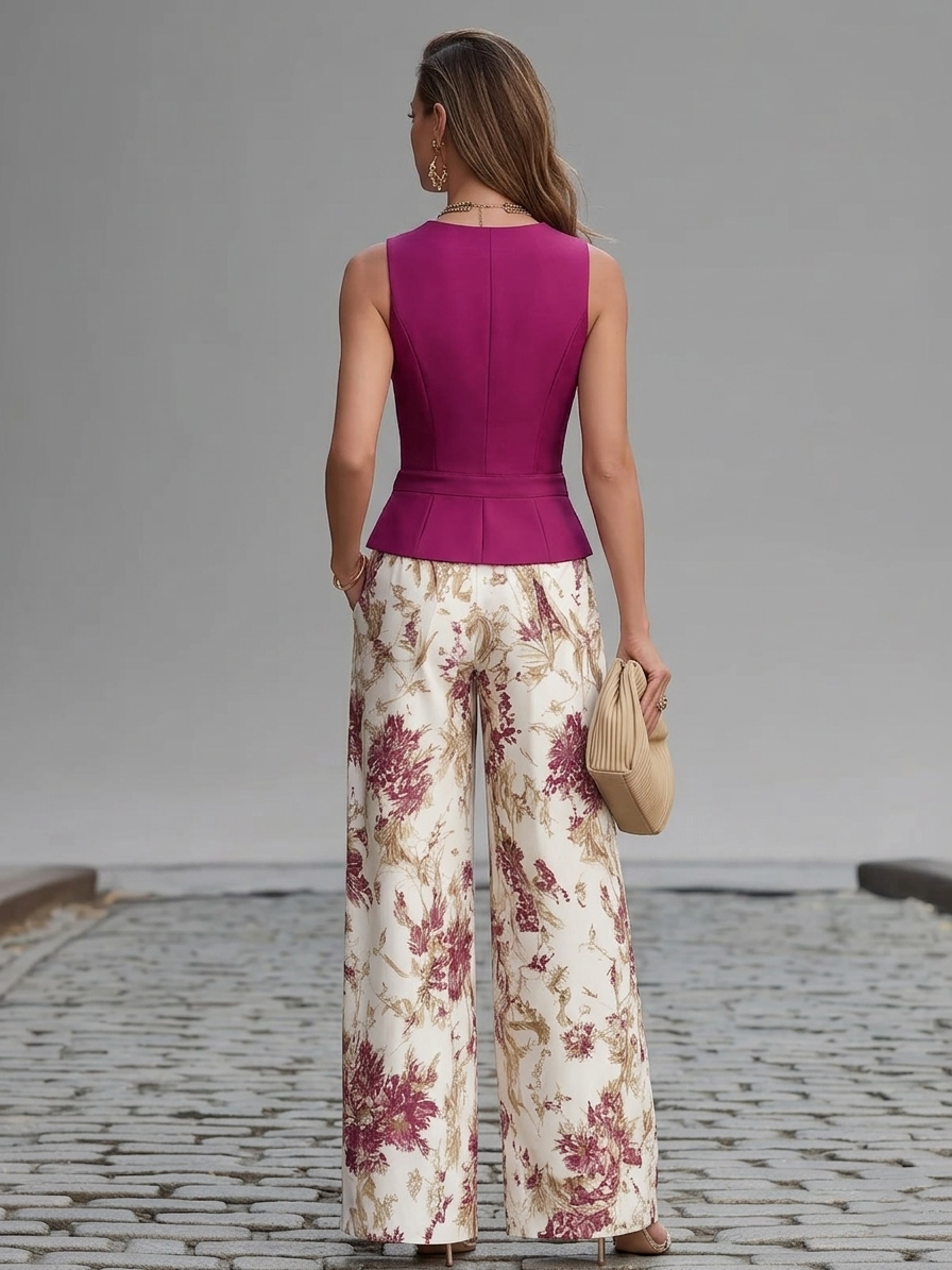 Conjunto Chaleco Rosa y Pantalón Floral