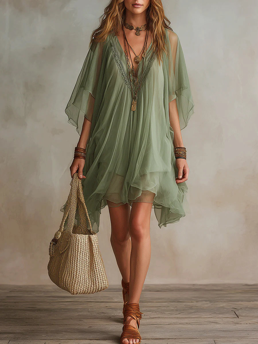 Vestido Corto Verde de Chiffon Fluido