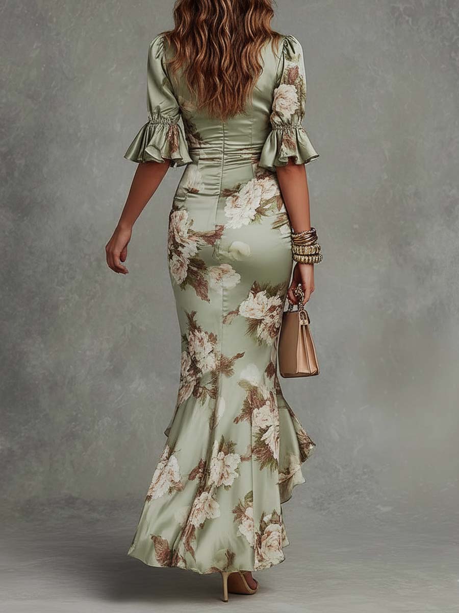 Vestido Largo Asimétrico Verde de Raso