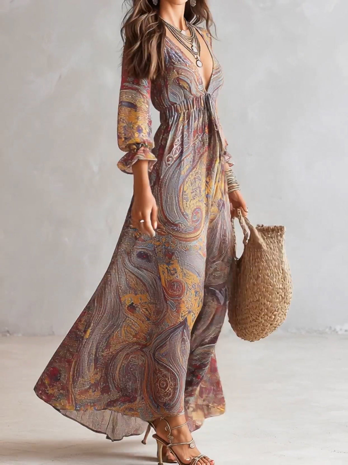 Vestido Largo Paisley con Escote en V