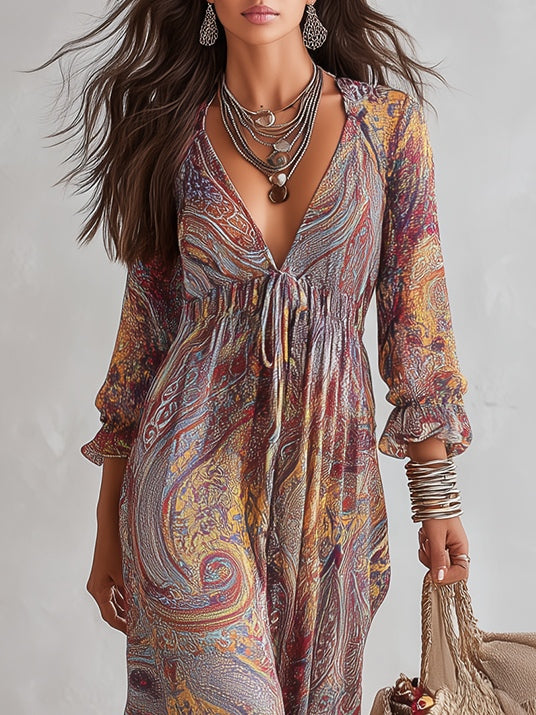Vestido Largo Paisley con Escote en V