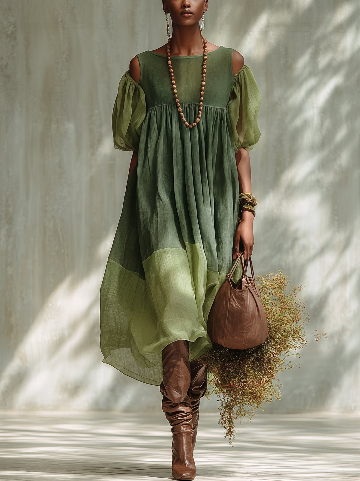 Vestido Midi Verde Hombros Descubiertos
