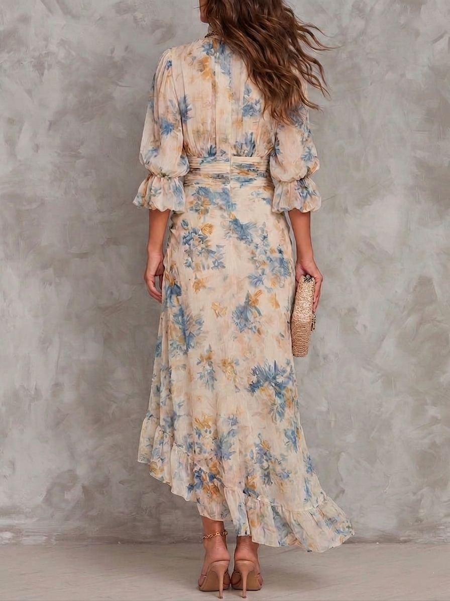 Vestido Largo Floral Beige de Chiffon