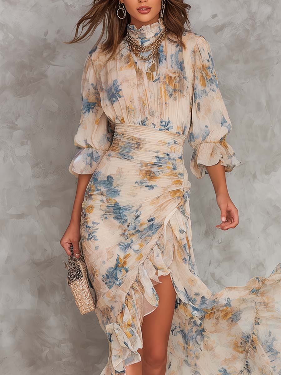 Vestido Largo Floral Beige de Chiffon