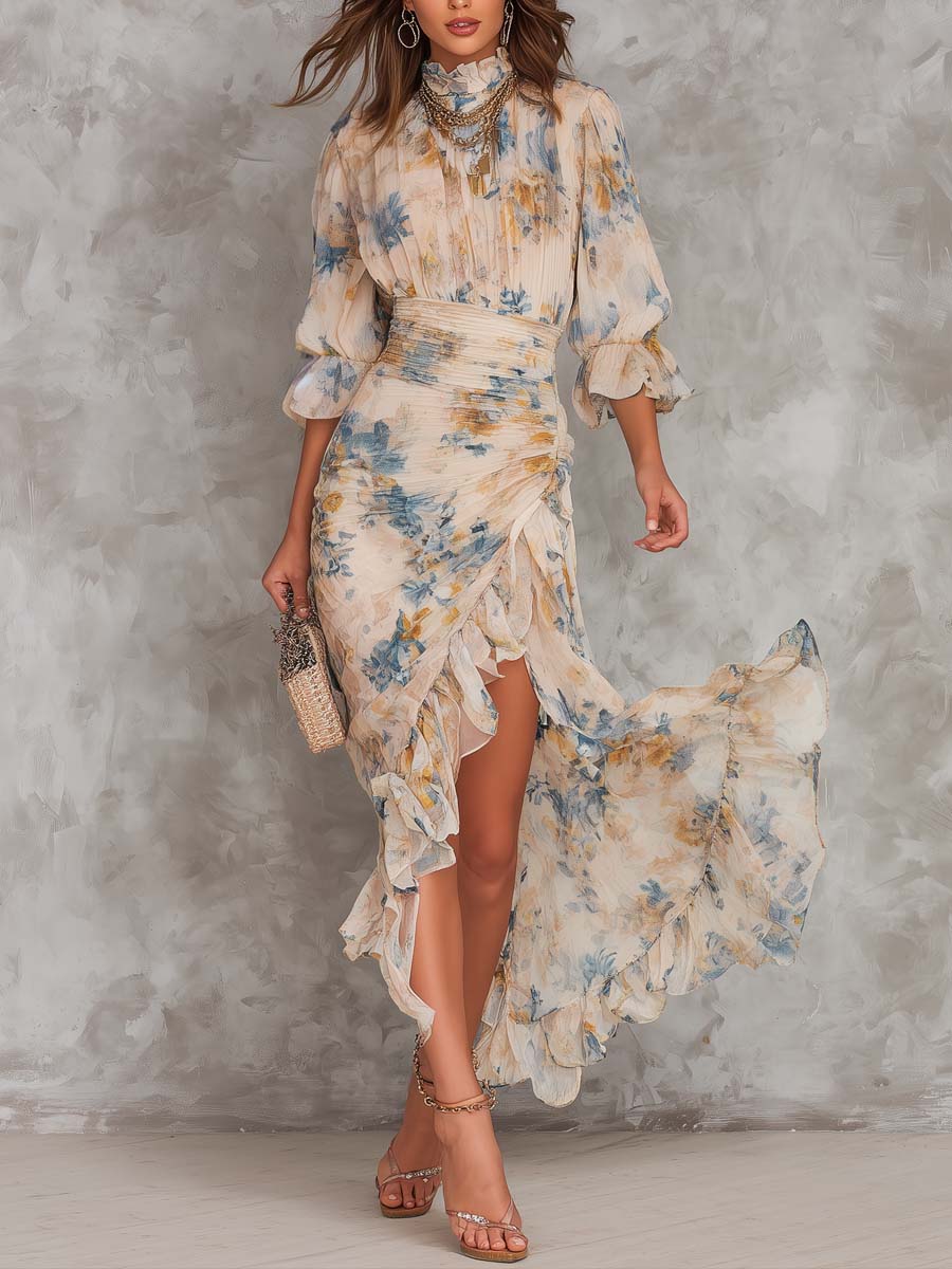 Vestido Largo Floral Beige de Chiffon