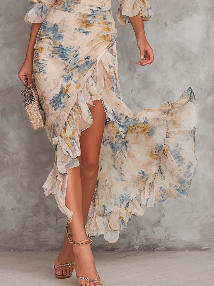 Vestido Largo Floral Beige de Chiffon