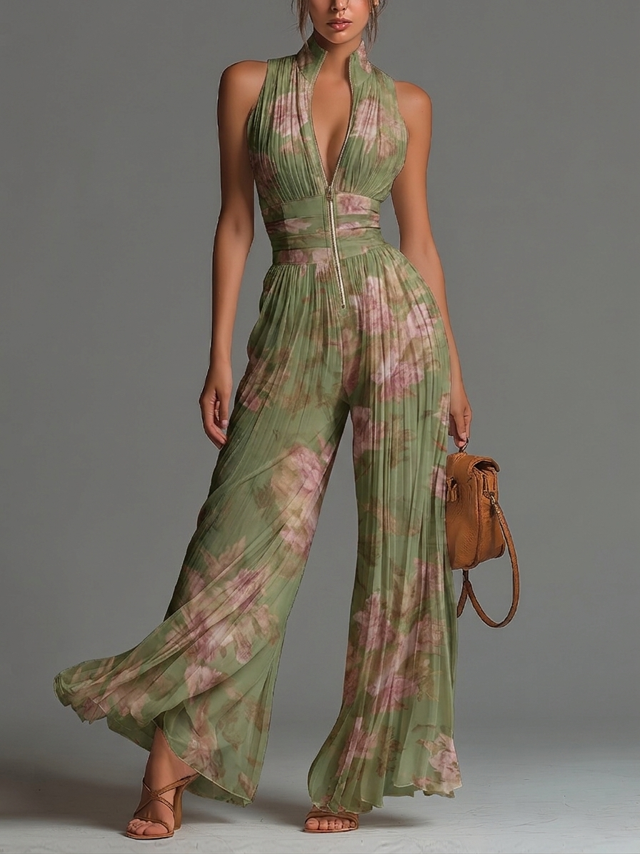 Enterizo Verde Floral Sin Mangas