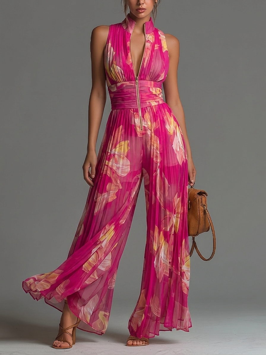 Enterizo Floral Fucsia Sin Mangas