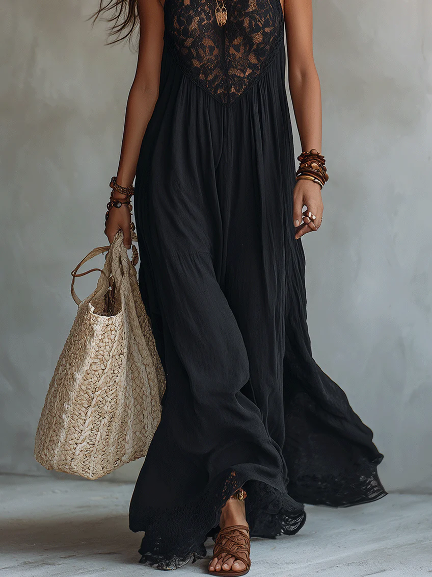 Vestido Largo Negro Boho de Encaje