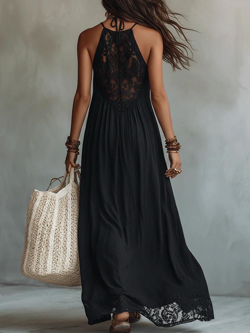 Vestido Largo Negro Boho de Encaje