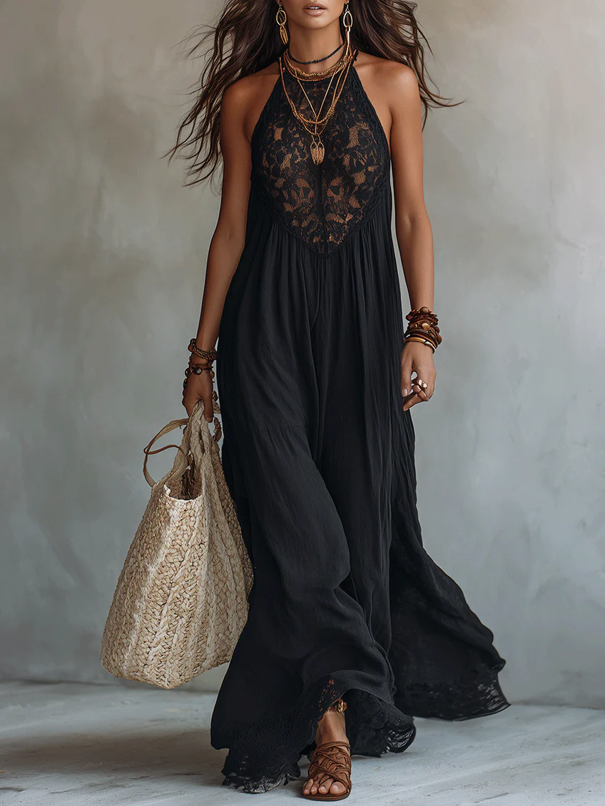 Vestido Largo Negro Boho de Encaje