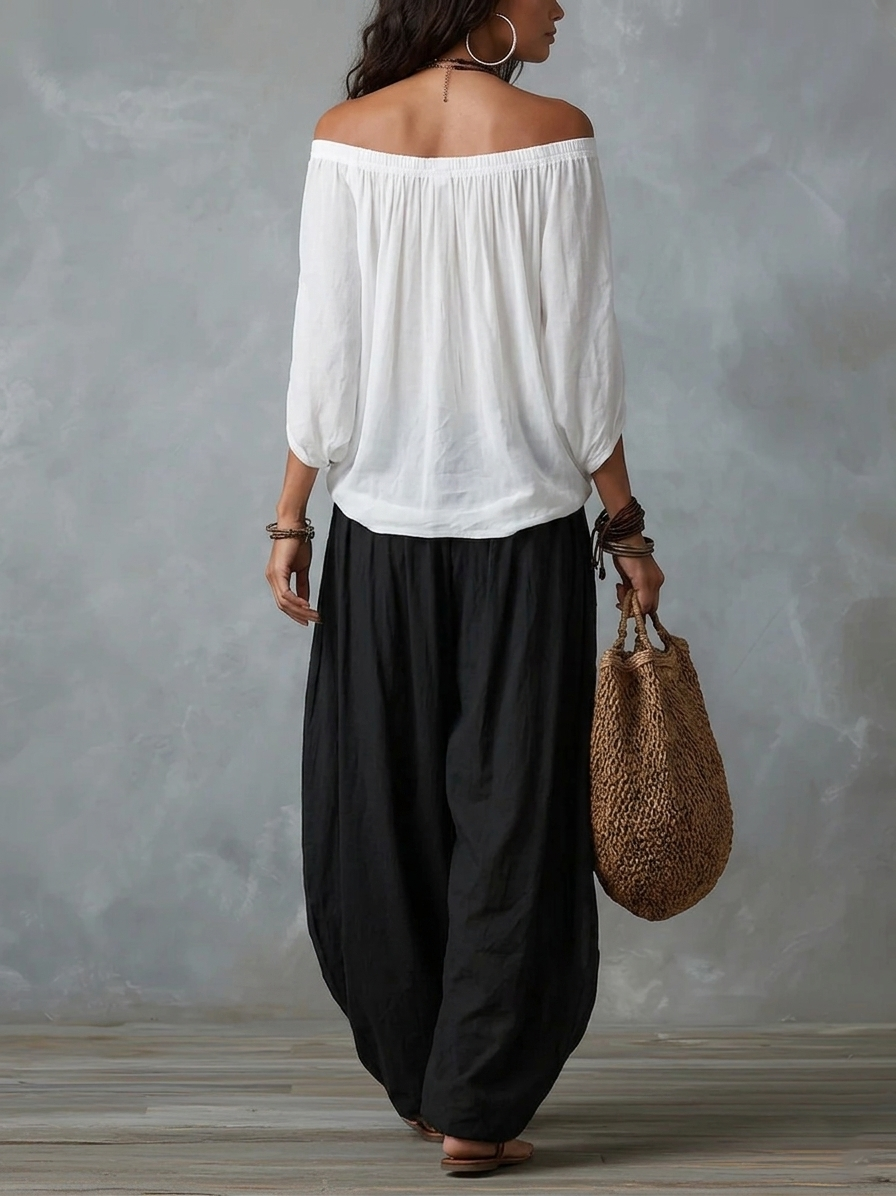 Conjunto Top Blanco y Pantalón Ancho