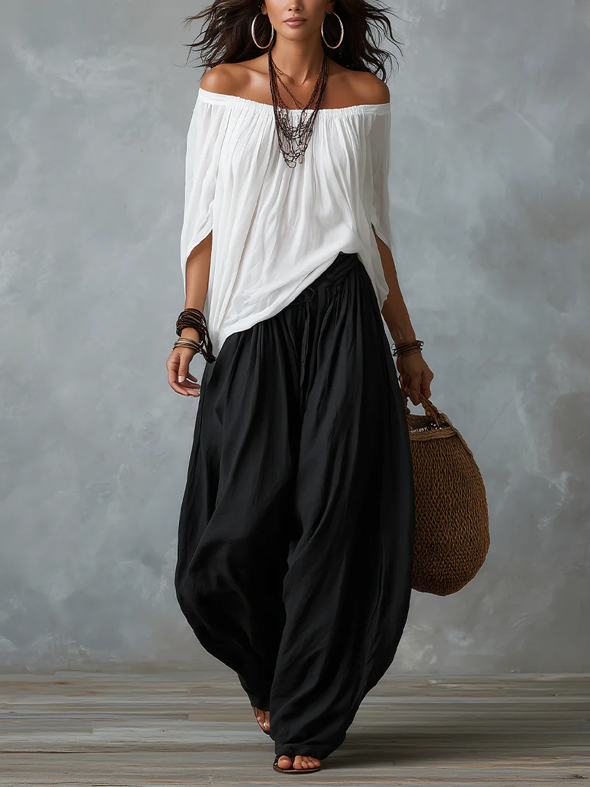 Conjunto Top Blanco y Pantalón Ancho