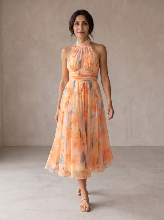 Aurora | Vestido con Cuello Halter y Estampado Acuarela